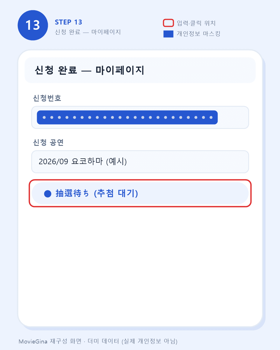 추첨 신청 완료 후 마이페이지 신청 내역 화면 예시 — 신청번호 마스킹 (더미 데이터)